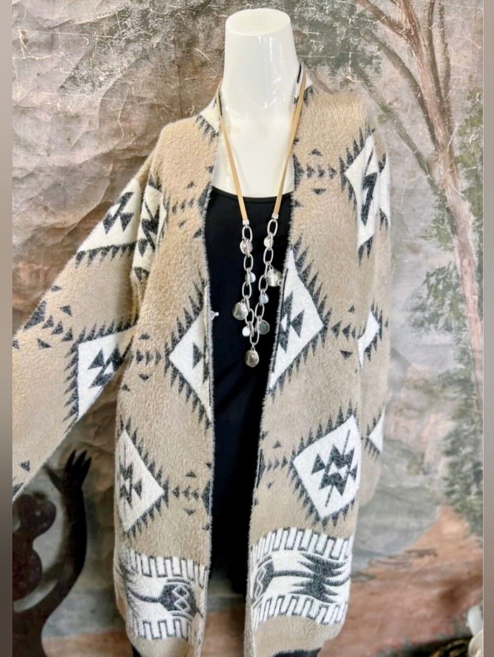 Beige Aztec-Pattern Open-Front Cardigan Sweater - Picture 2 of 15